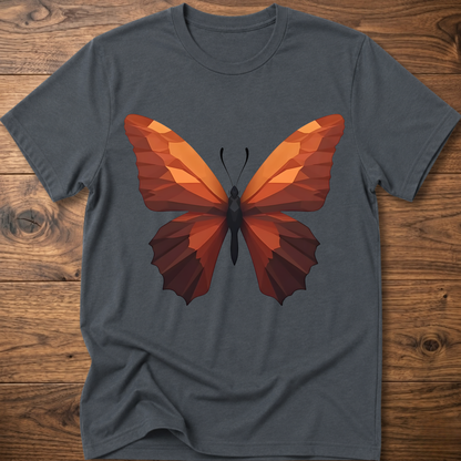 Dark heather crew-neck T-shirt with geometric butterfly graphic, short sleeves