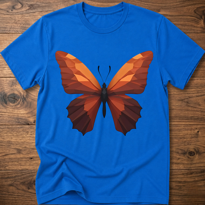 Royal blue T-shirt with geometric butterfly graphic, orange and brown wings on front.