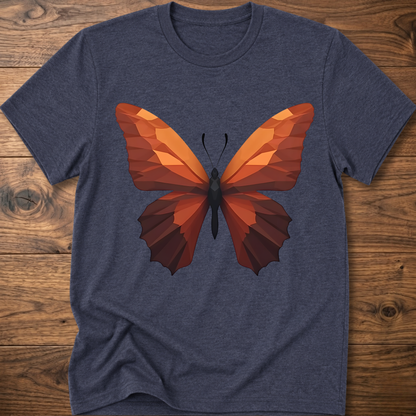 Dark heather navy T-shirt with geometric butterfly graphic, orange and brown wings on front.