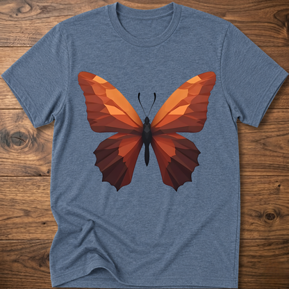 Light heather blue T-shirt with geometric butterfly graphic, orange and brown wings on front.