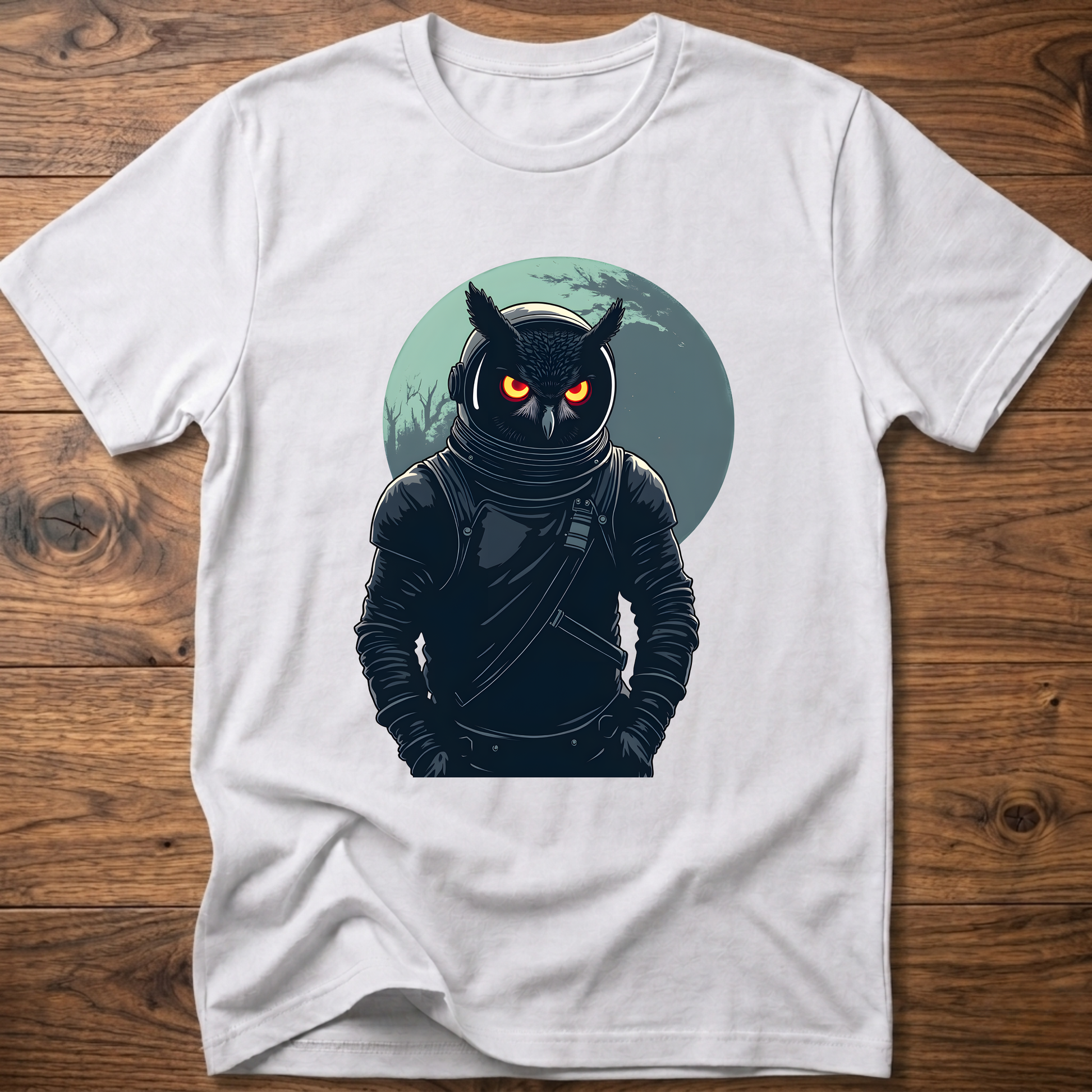 White crew-neck t-shirt with dark astronaut owl graphic on chest