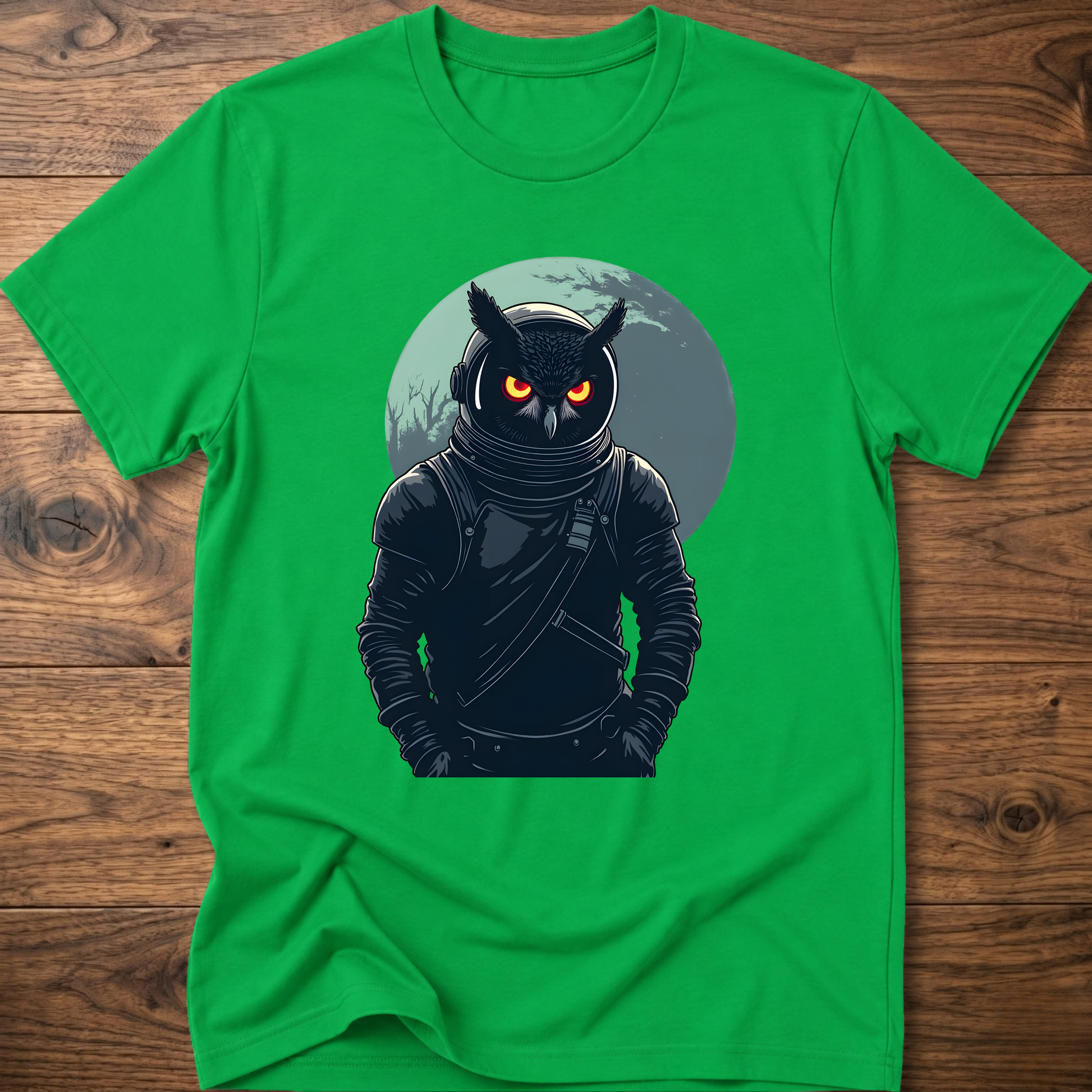 Green crew-neck t-shirt with dark astronaut owl graphic on chest