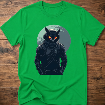 Green crew-neck t-shirt with dark astronaut owl graphic on chest