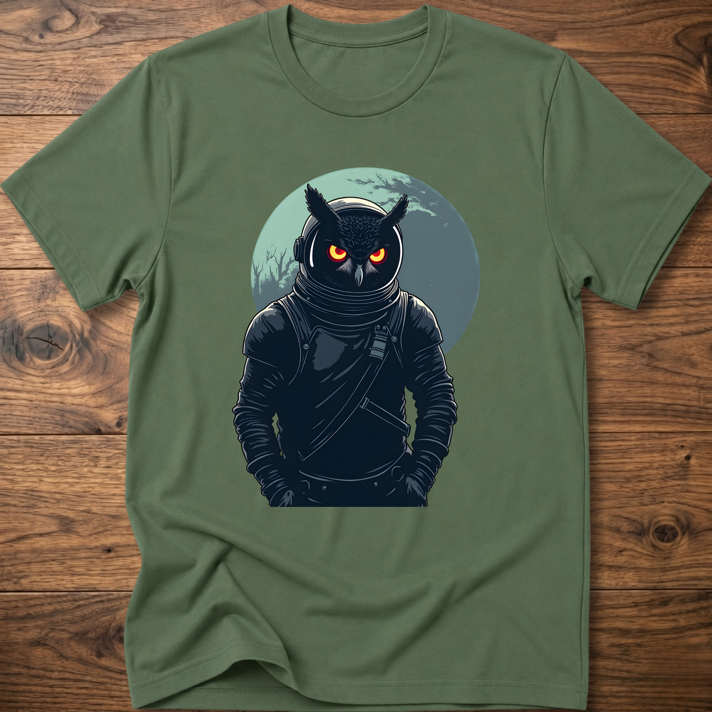Military green crew-neck t-shirt with dark astronaut owl graphic on chest