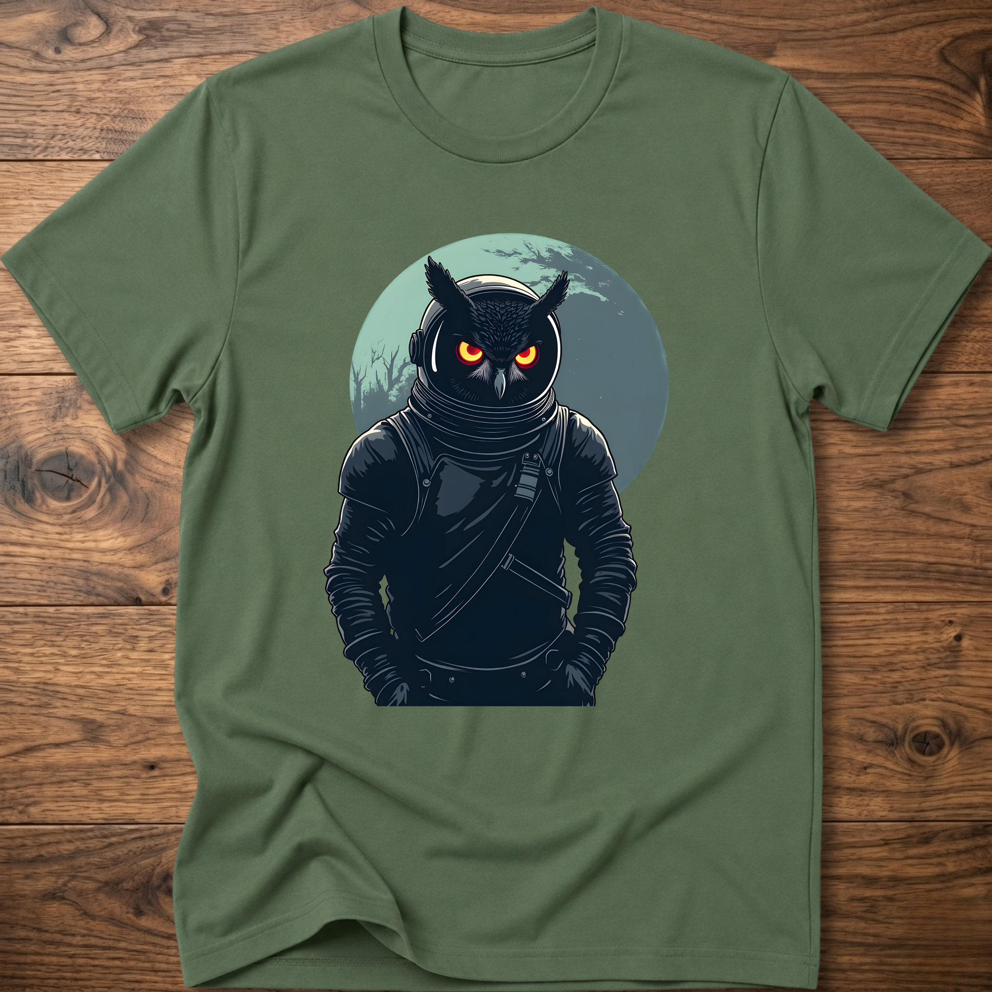 Military green crew-neck t-shirt with dark astronaut owl graphic on chest