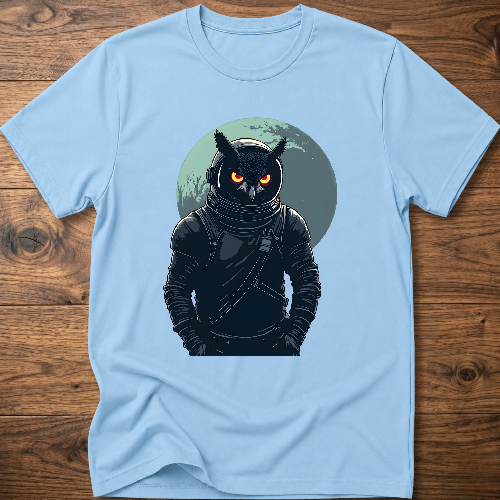 Light blue crew-neck t-shirt with dark astronaut owl graphic on chest