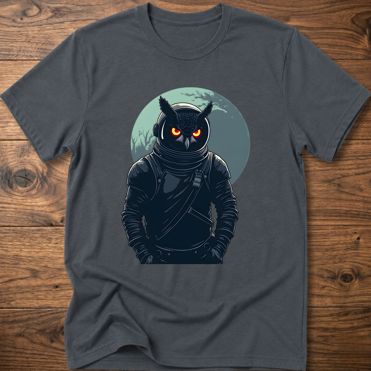 Dark gray crew-neck t-shirt with dark astronaut owl graphic on chest