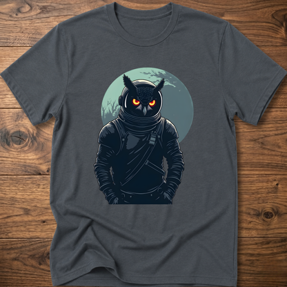 Dark gray crew-neck t-shirt with dark astronaut owl graphic on chest