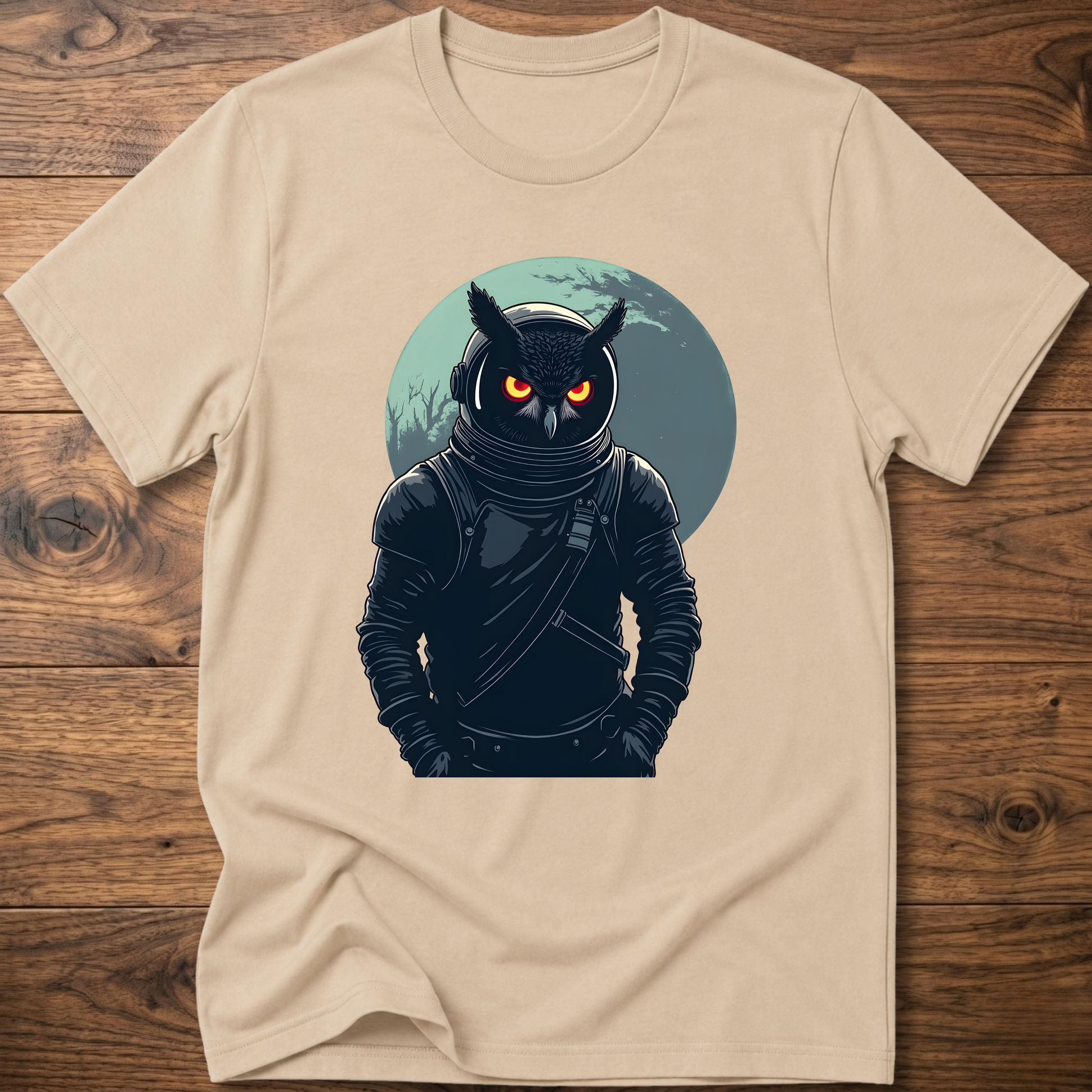 Sand crew-neck t-shirt with dark astronaut owl graphic on chest