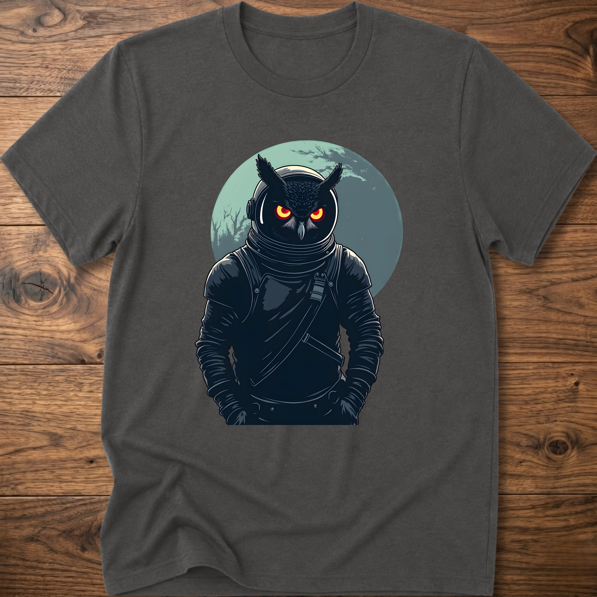 Charcoal crew-neck t-shirt with dark astronaut owl graphic on chest