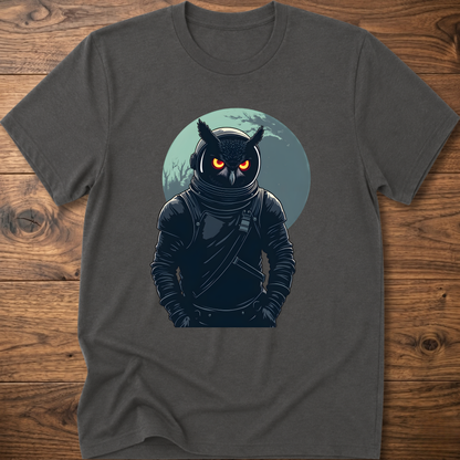 Charcoal crew-neck t-shirt with dark astronaut owl graphic on chest