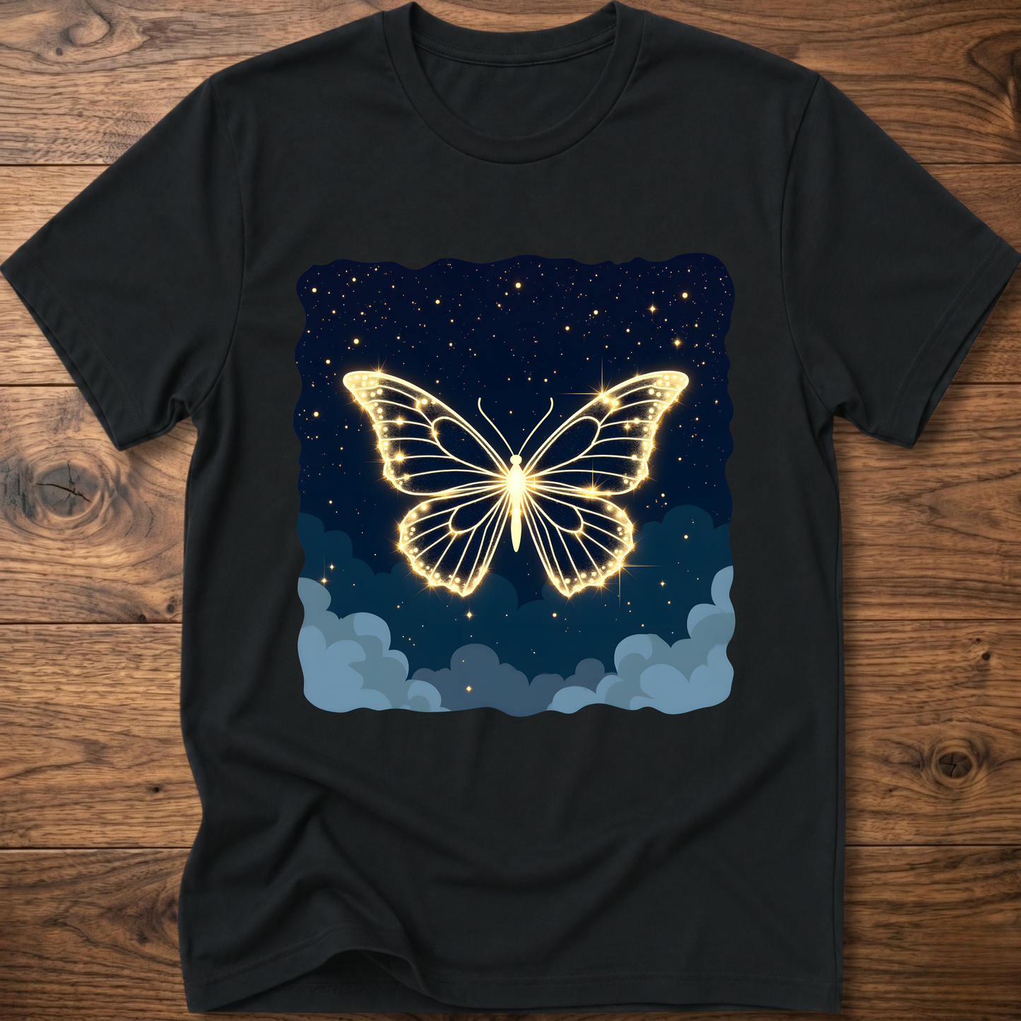 Black T-shirt with glowing butterfly graphic over starry night and clouds