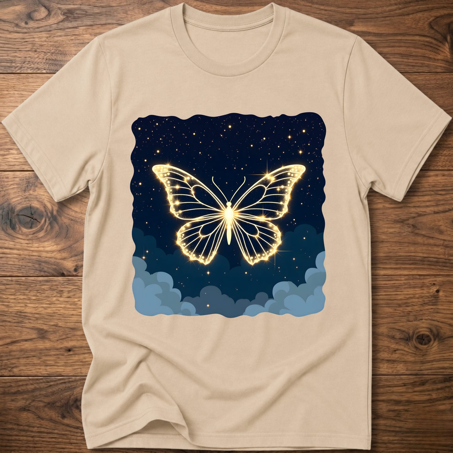 Beige T-shirt with glowing butterfly graphic over starry night and clouds