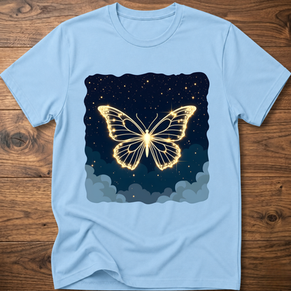 Light blue T-shirt with glowing butterfly graphic over starry night and clouds