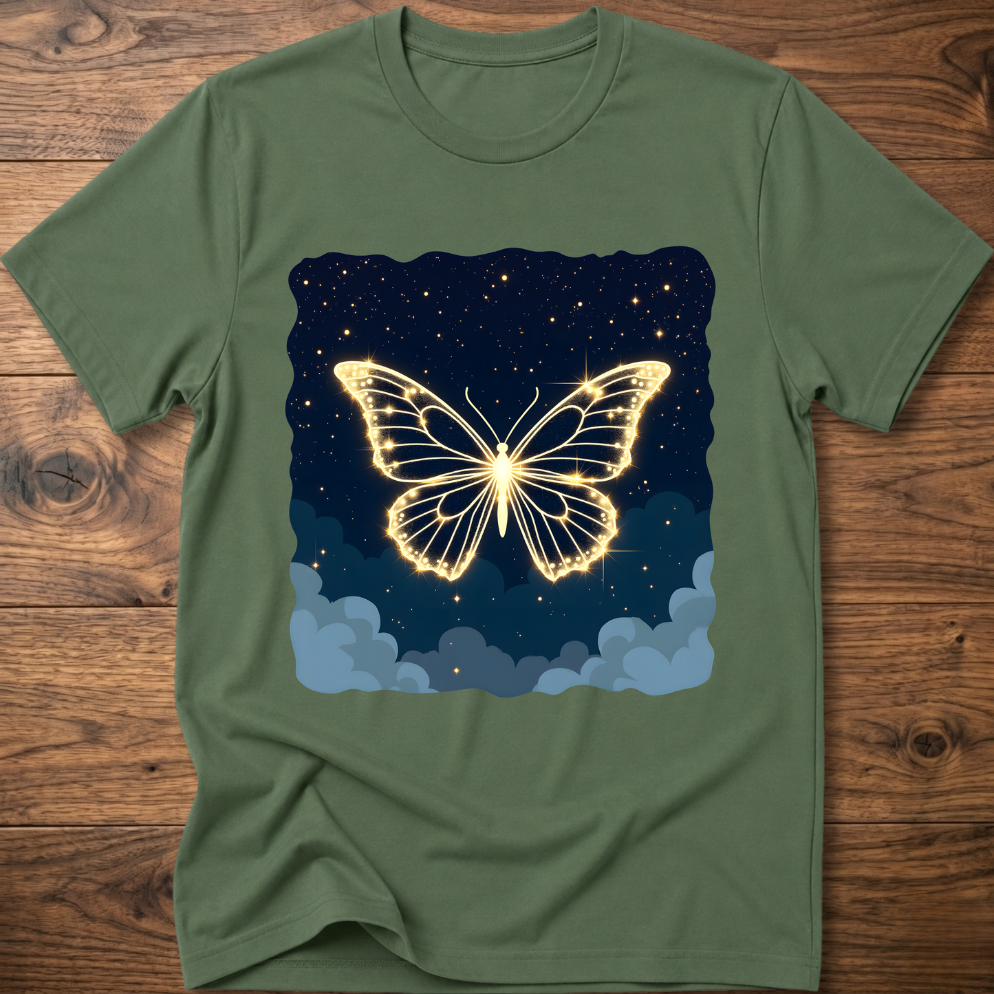 Green T-shirt with glowing butterfly graphic over starry night and clouds