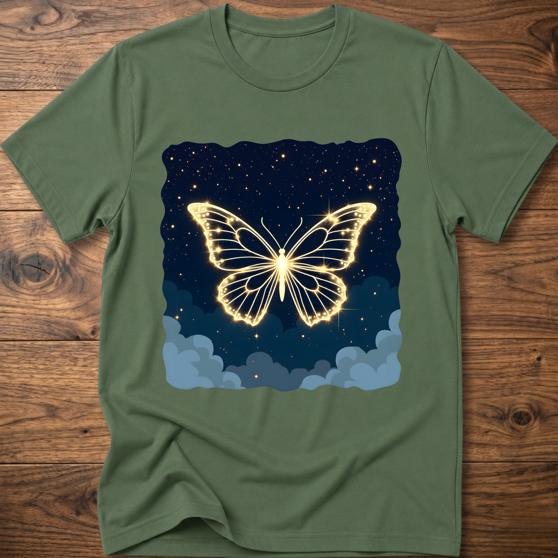Green T-shirt with glowing butterfly graphic over starry night and clouds