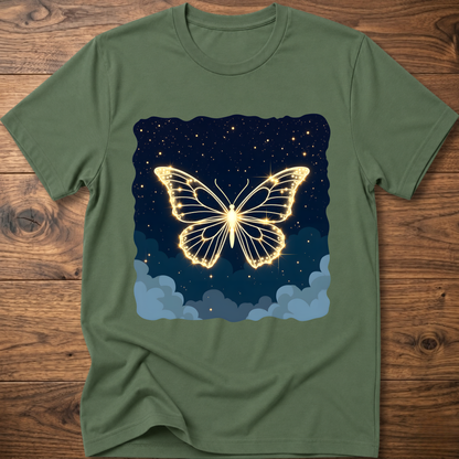 Green T-shirt with glowing butterfly graphic over starry night and clouds