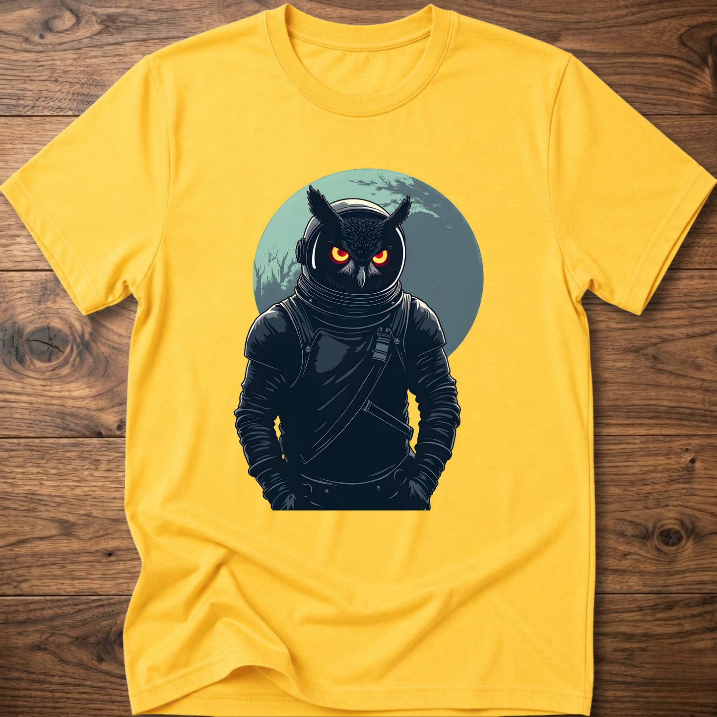 Yellow crew-neck t-shirt with dark astronaut owl graphic on chest