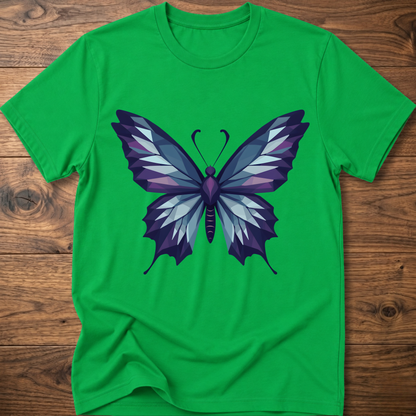 Green t-shirt with geometric butterfly graphic in blue and purple, crew neck.