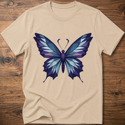 Light beige t-shirt with geometric butterfly graphic in blue and purple, crew neck.