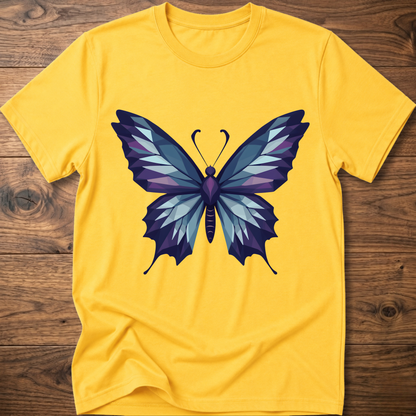Yellow t-shirt with geometric butterfly graphic in blue and purple, crew neck.
