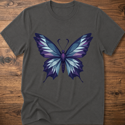 Dark gray t-shirt with geometric butterfly graphic in blue and purple, crew neck.