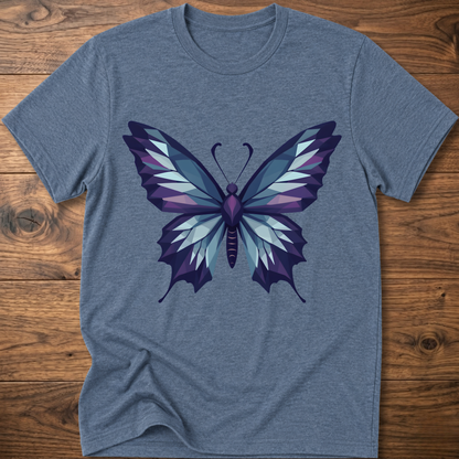 Heather blue t-shirt with geometric butterfly graphic in blue and purple, crew neck.