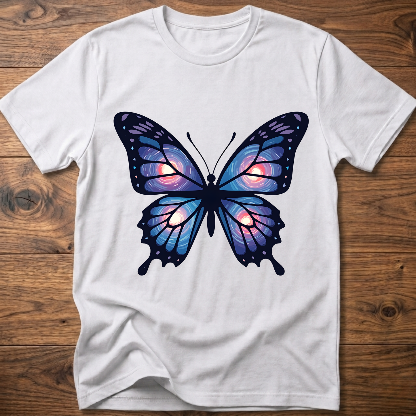 White T-shirt with large blue-purple butterfly graphic on the chest