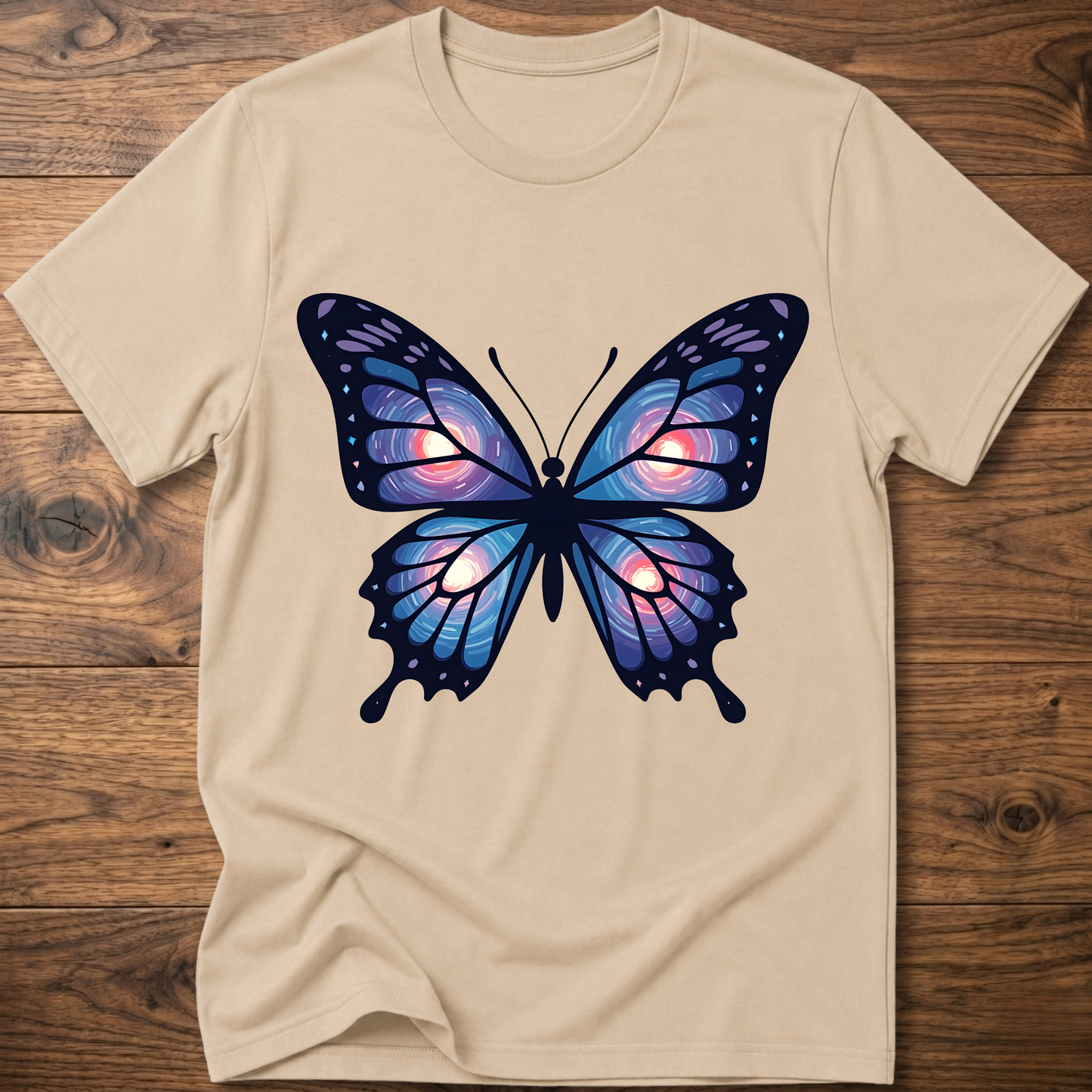 Beige T-shirt with large blue-purple butterfly graphic on the chest