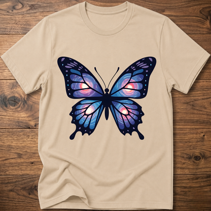 Beige T-shirt with large blue-purple butterfly graphic on the chest