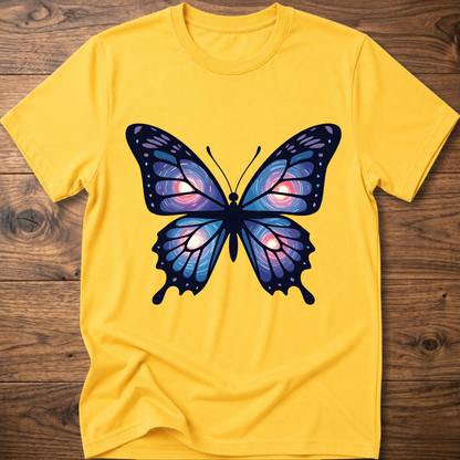 Yellow T-shirt with large blue-purple butterfly graphic on the chest