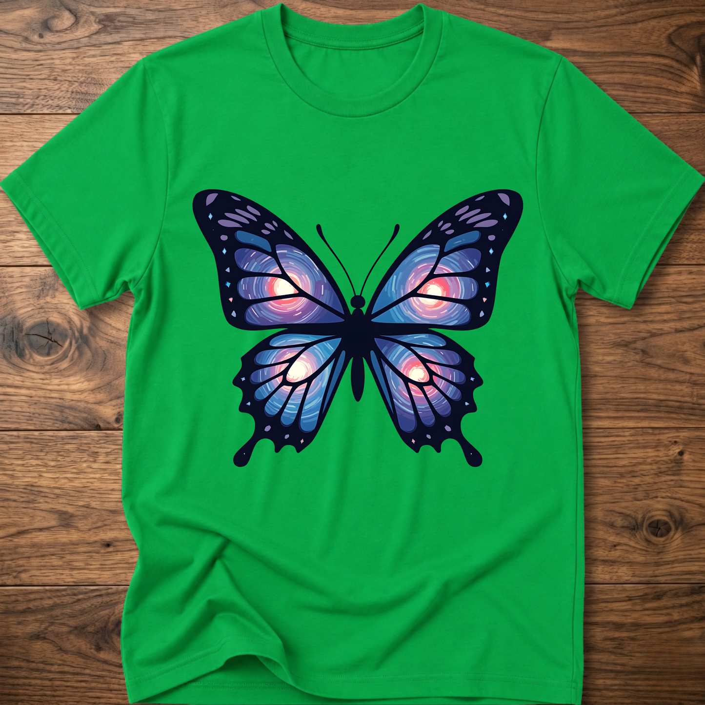 Bright green T-shirt with large blue-purple butterfly graphic on the chest
