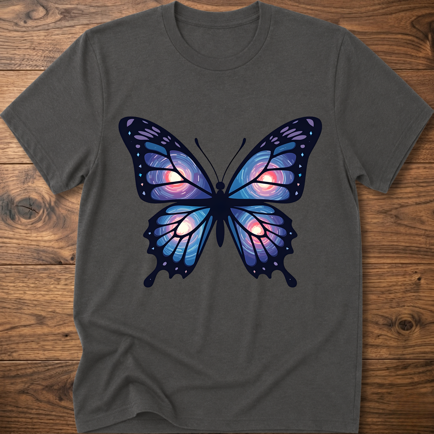 Charcoal gray T-shirt with large blue-purple butterfly graphic on the chest