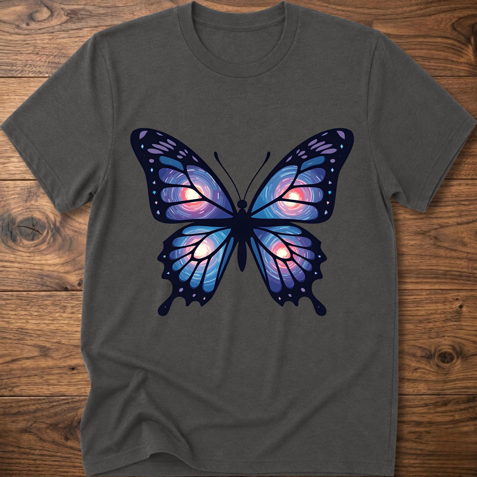 Charcoal gray T-shirt with large blue-purple butterfly graphic on the chest