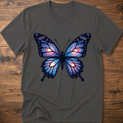 Charcoal gray T-shirt with large blue-purple butterfly graphic on the chest