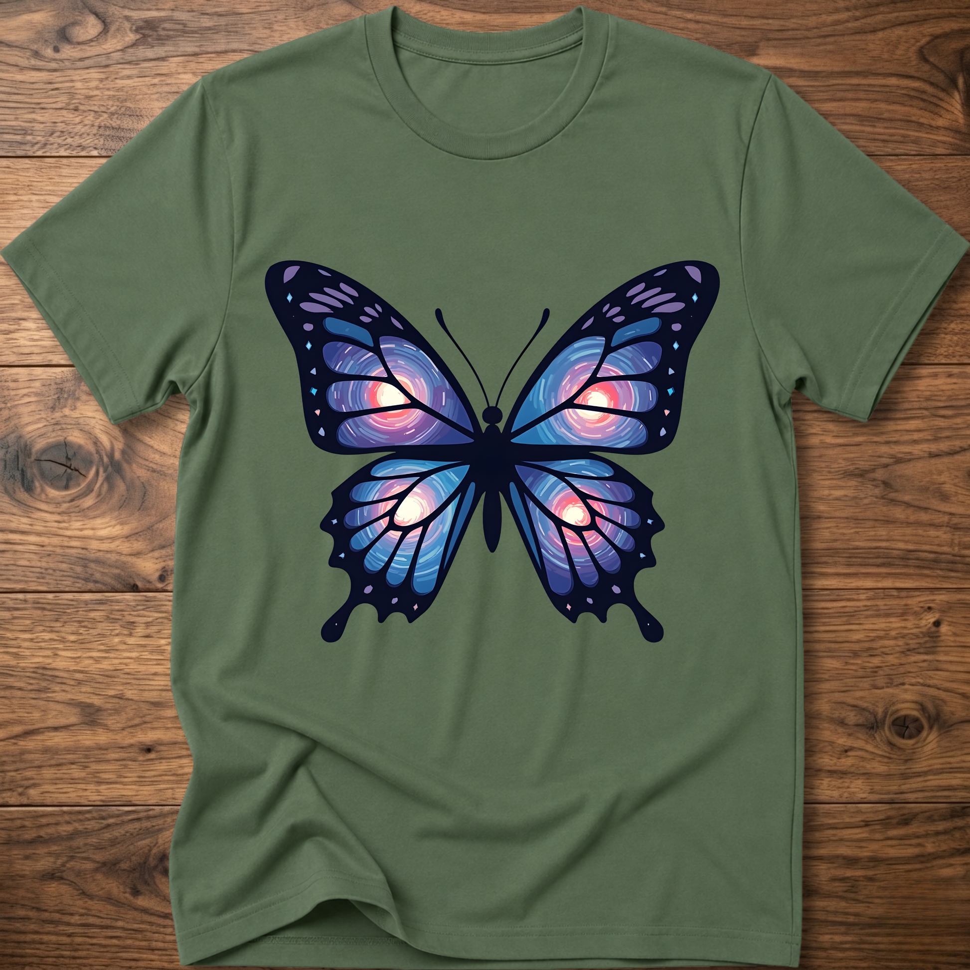 Olive green T-shirt with large blue-purple butterfly graphic on the chest