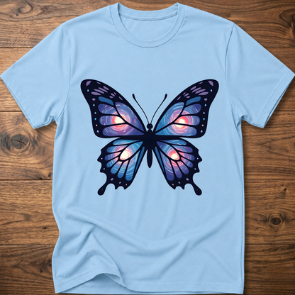 Light blue butterfly graphic t-shirt with colorful wing art