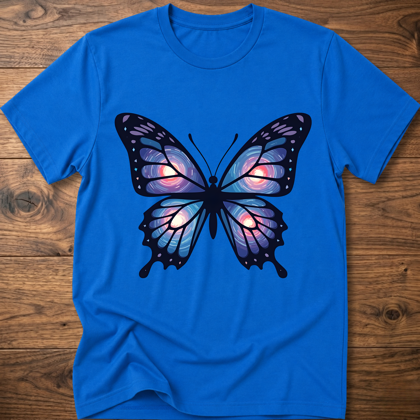 Royal blue T-shirt with large blue-purple butterfly graphic on the chest