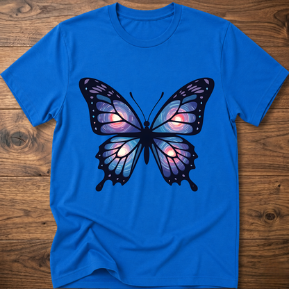 Royal blue T-shirt with large blue-purple butterfly graphic on the chest