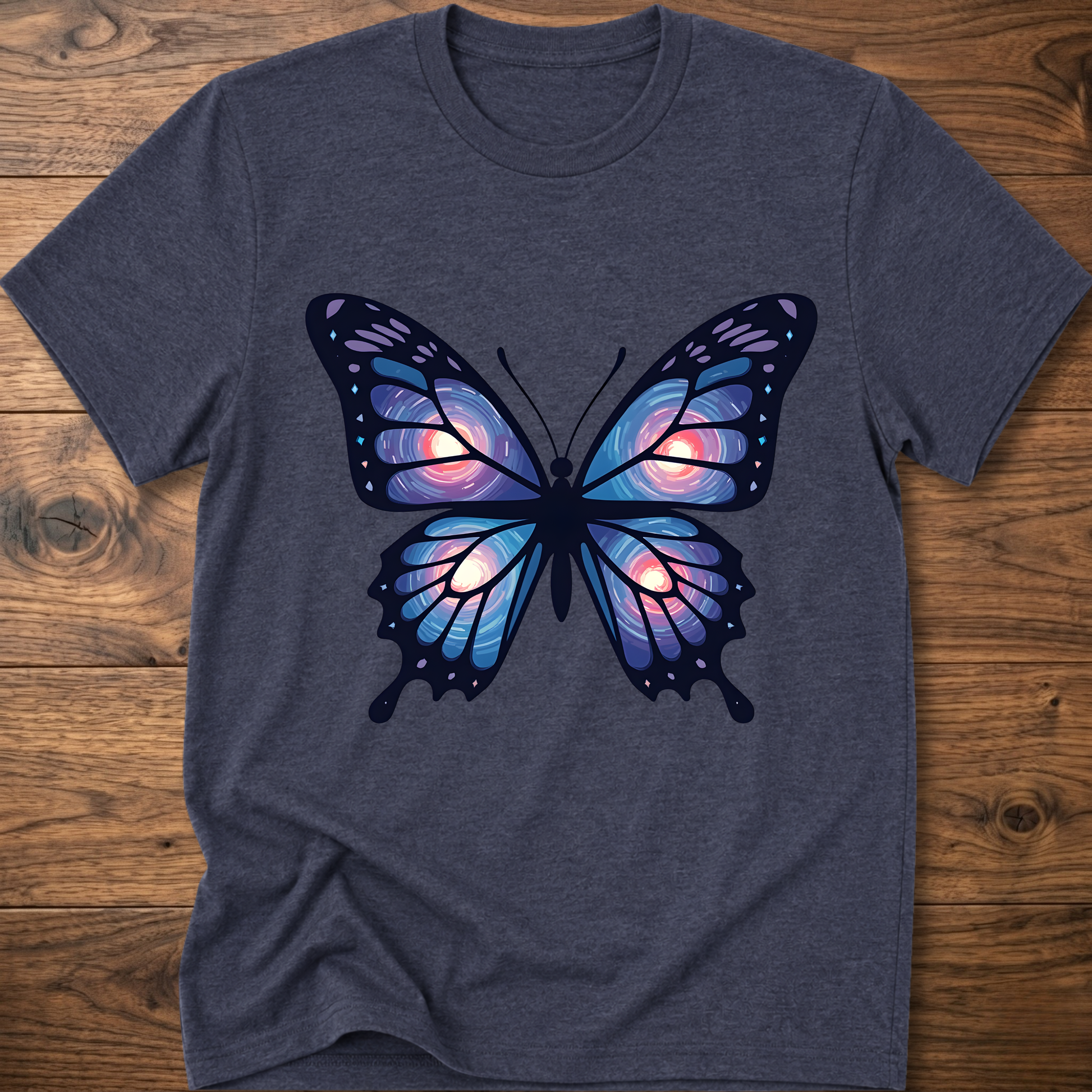 Dark heather blue T-shirt with large blue-purple butterfly graphic on the chest