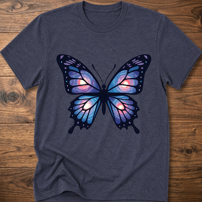 Dark heather blue T-shirt with large blue-purple butterfly graphic on the chest