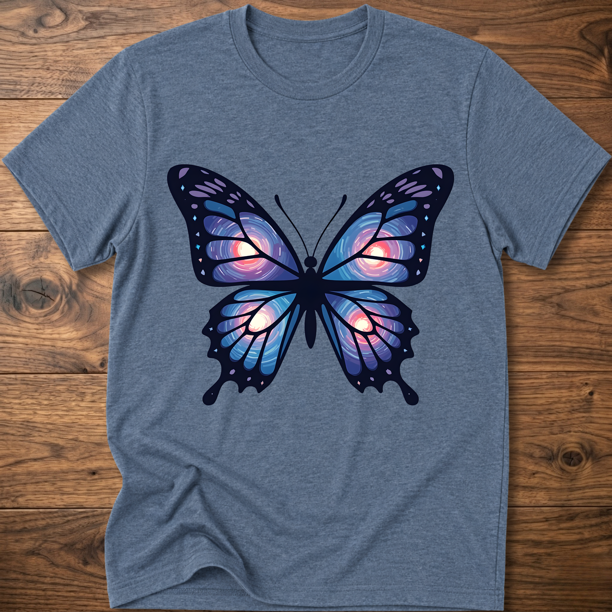 Heather blue T-shirt with large blue-purple butterfly graphic on the chest