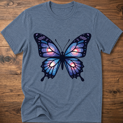 Heather blue T-shirt with large blue-purple butterfly graphic on the chest