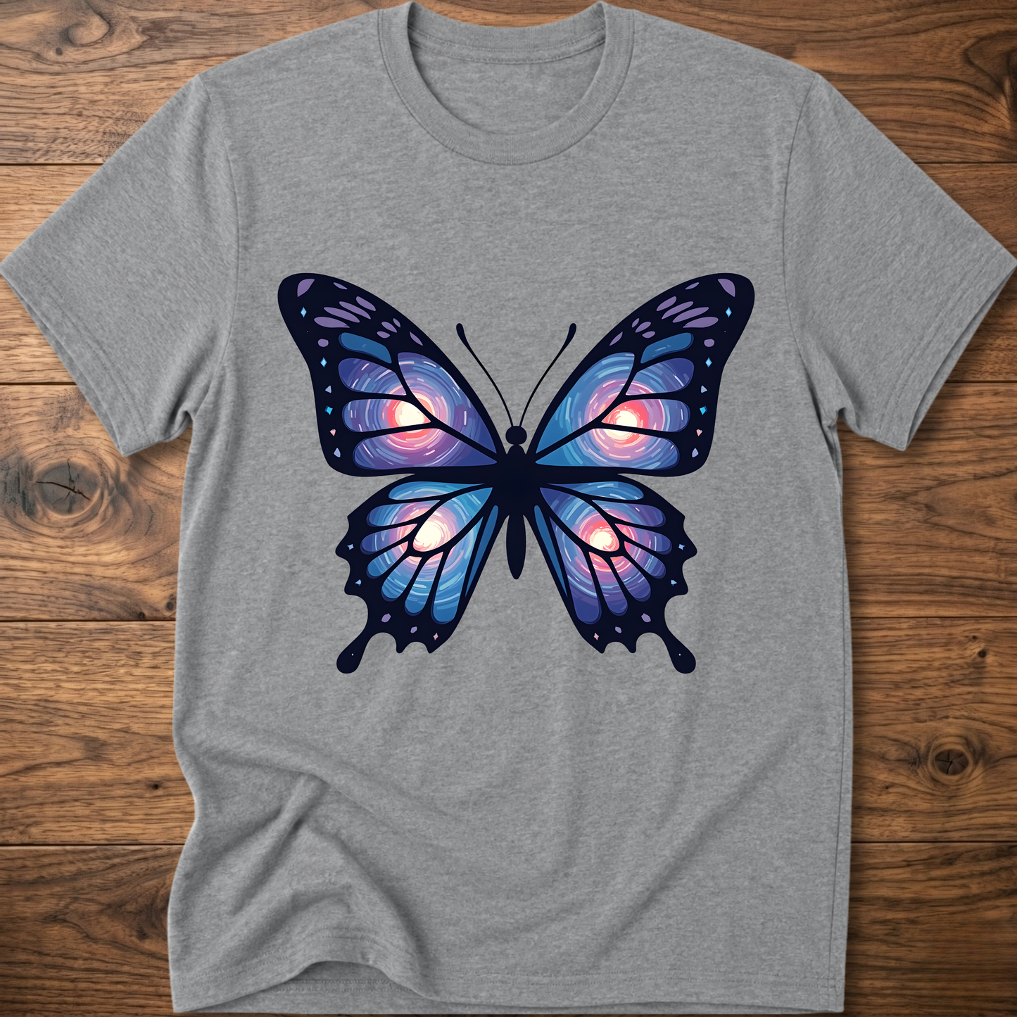 Light gray T-shirt with large blue-purple butterfly graphic on the chest