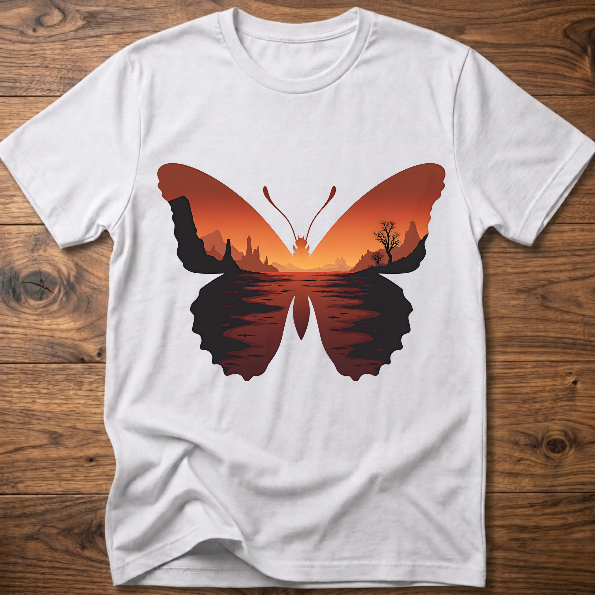 White crew-neck T-shirt with desert butterfly graphic on the chest