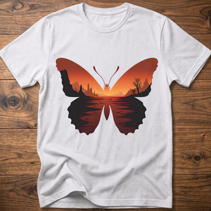 White crew-neck T-shirt with desert butterfly graphic on the chest