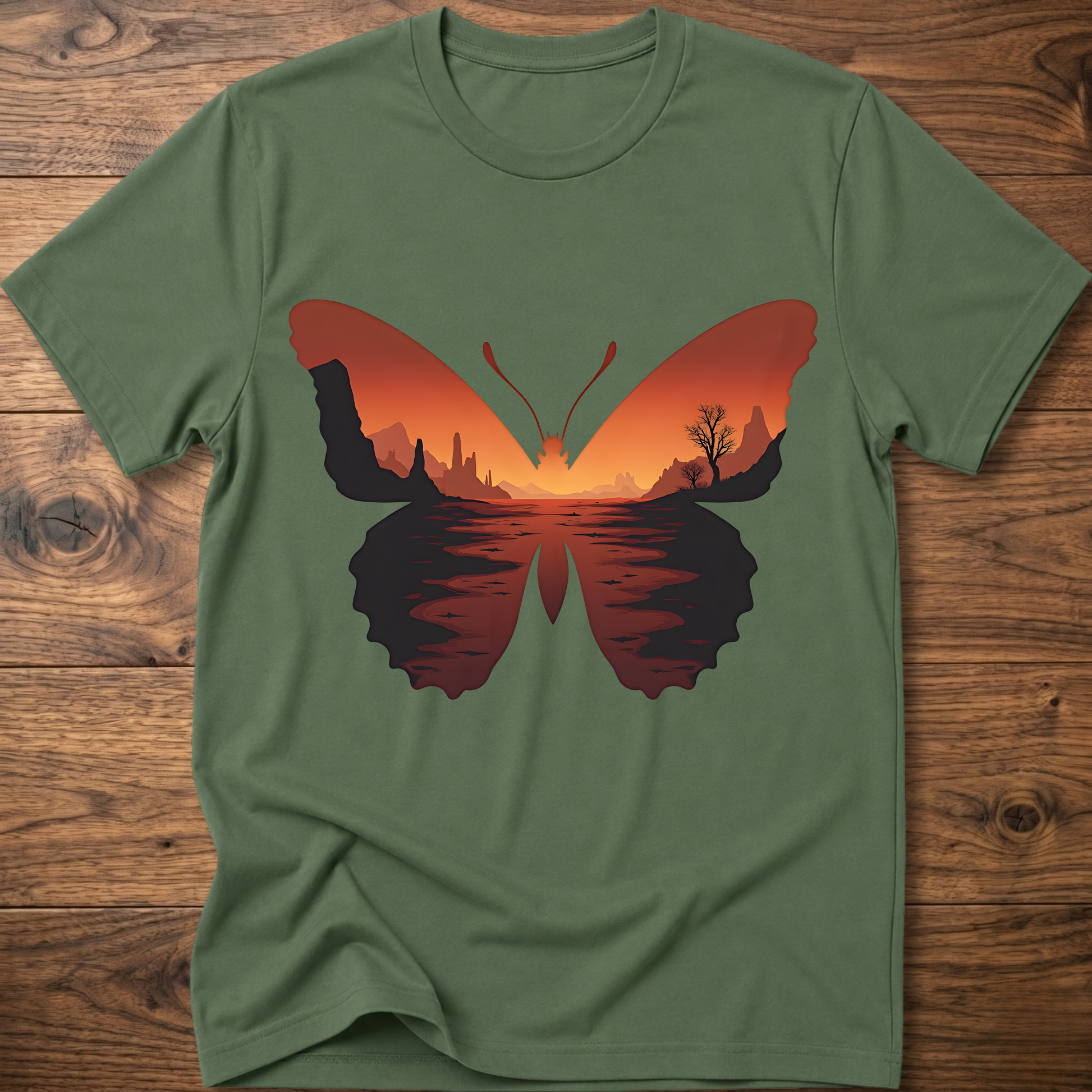 Military green crew-neck T-shirt with desert butterfly graphic on the chest