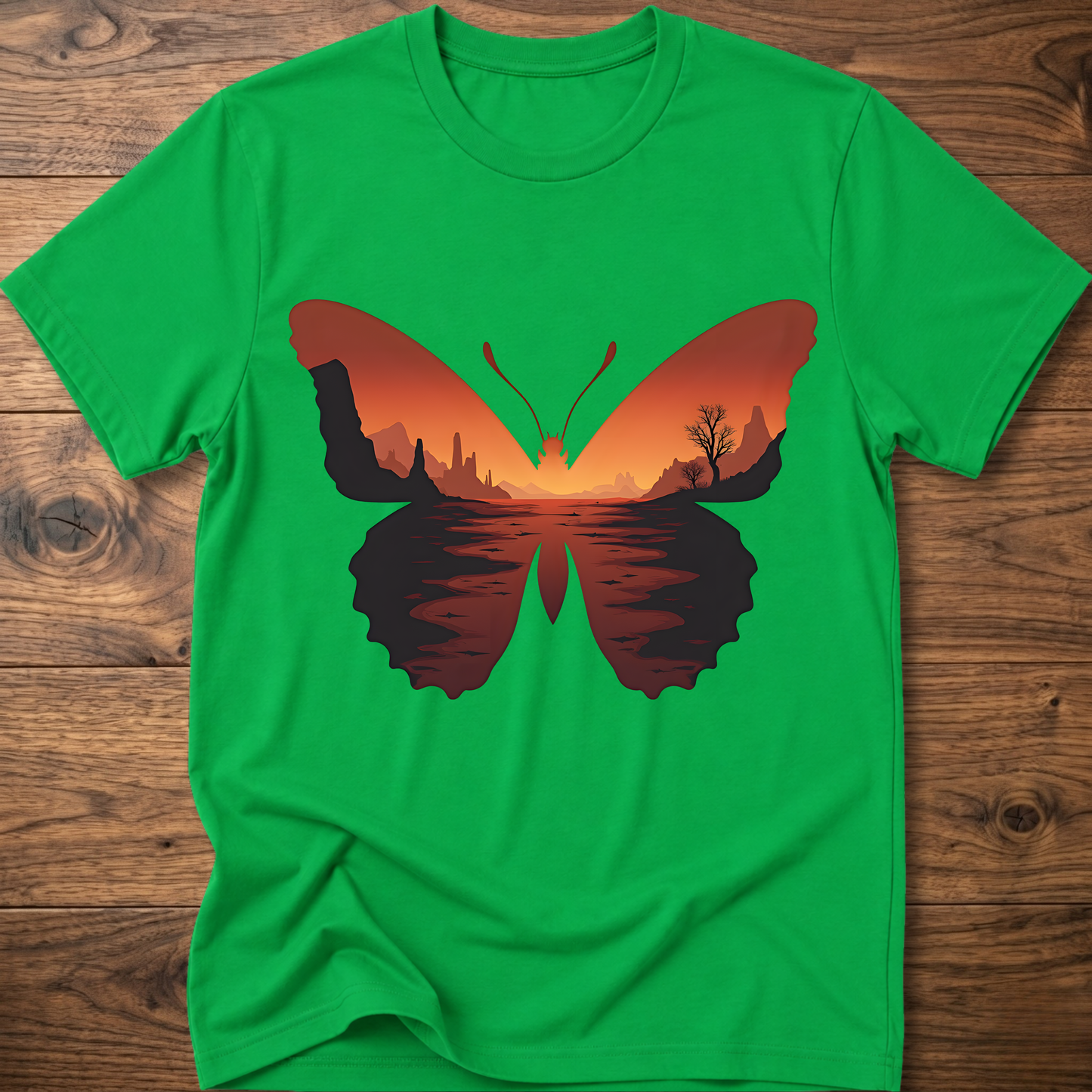Daisy green crew-neck T-shirt with desert butterfly graphic on the chest