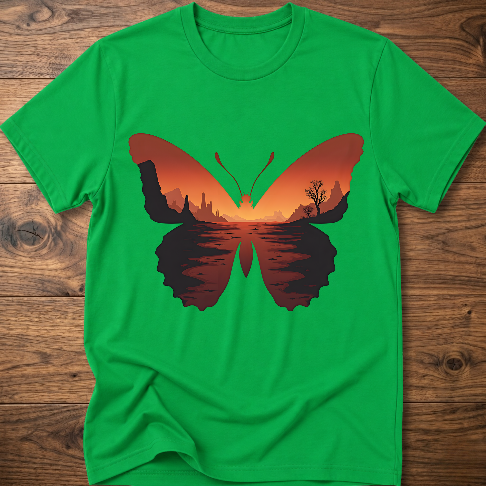Daisy green crew-neck T-shirt with desert butterfly graphic on the chest