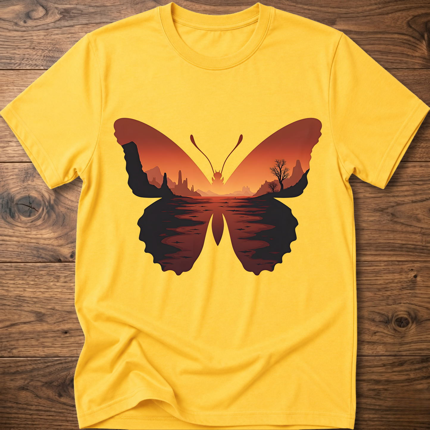 Yellow crew-neck T-shirt with desert butterfly graphic on the chest